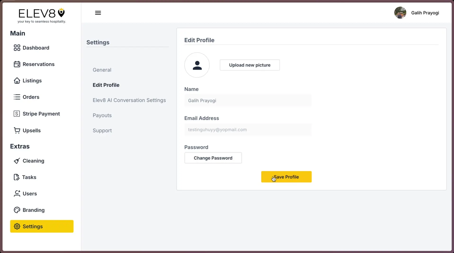 ELEV8 application settings page showing the Edit Profile section with options to upload a picture, change name, email, and password.