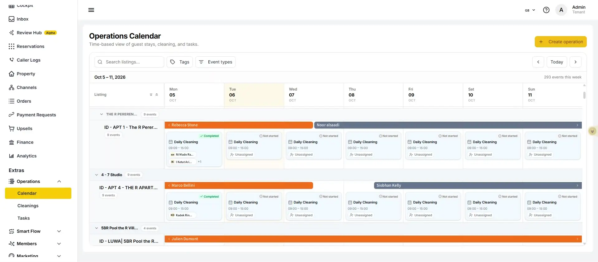 ELEV8 Operations Calendar screen showing a weekly view of tasks and cleaning schedules for properties.