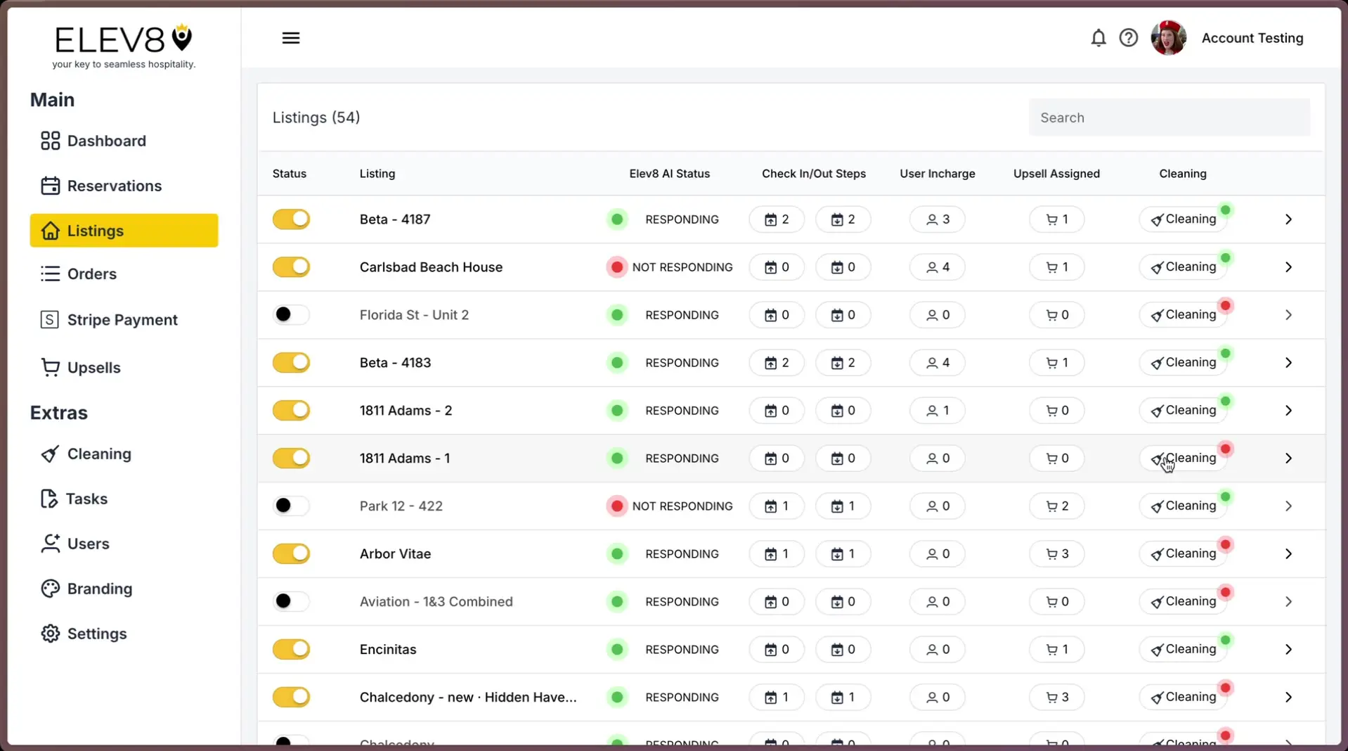 ELEV8 platform Listings page showing property management details.