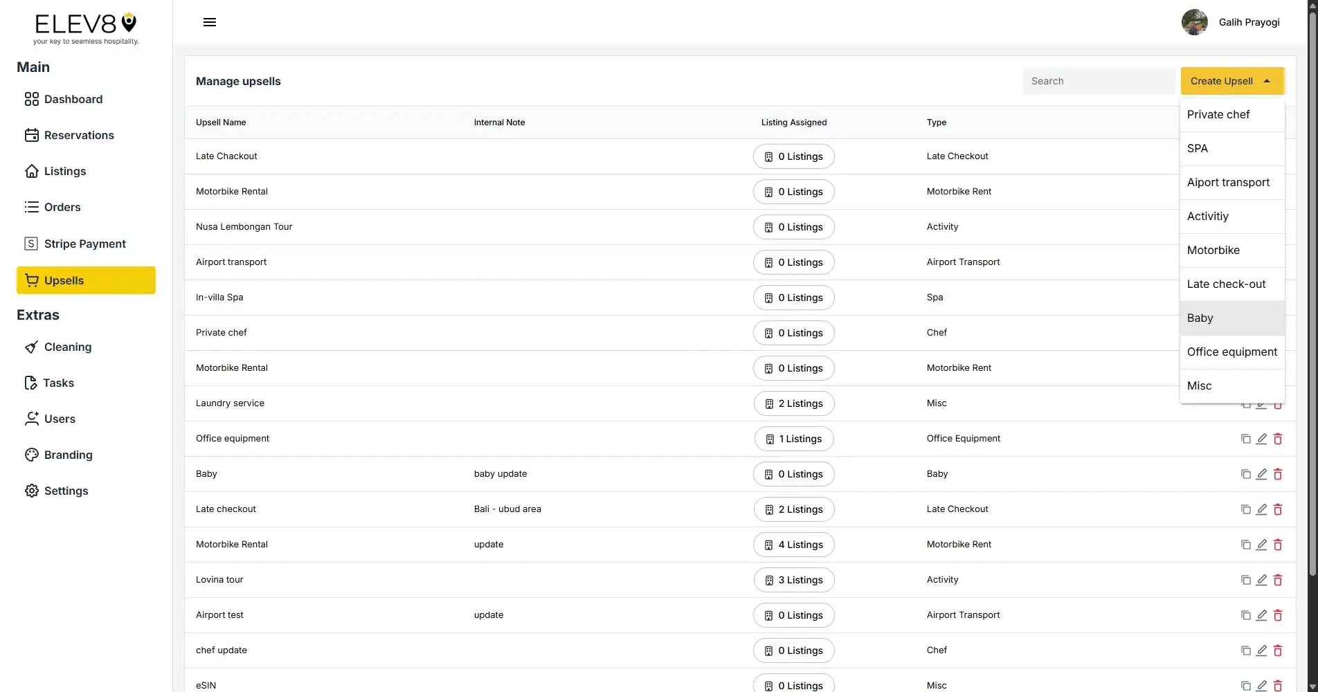 ELEV8 platform Manage Upsells page showing a list of upsell options with a create upsell dropdown menu.