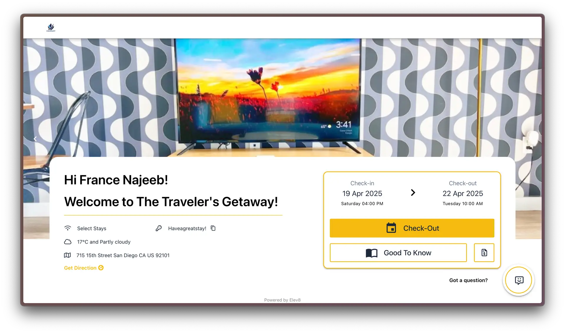 ELEV8 Guest Guides Overview screen with check-in and check-out details for The Traveler's Getaway.