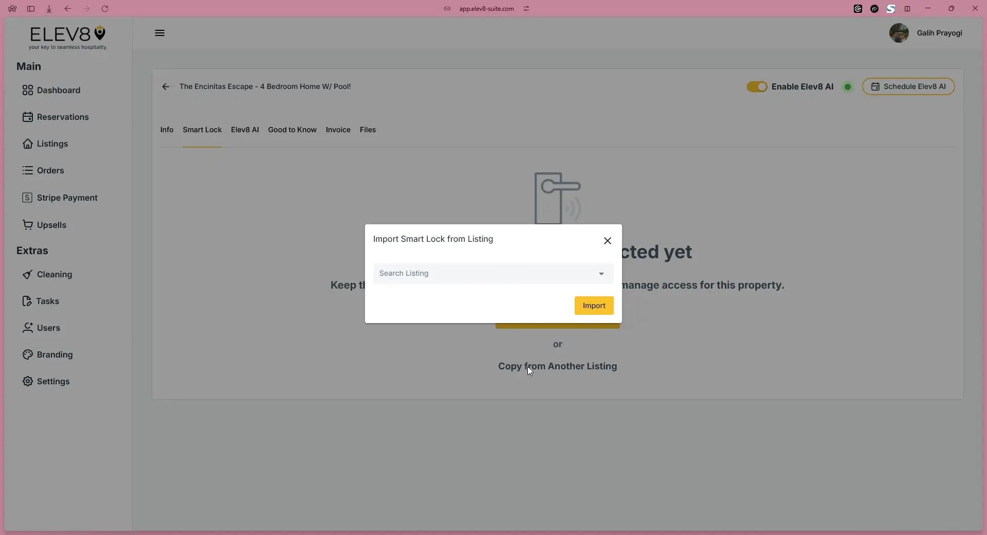 ELEV8 app interface showing property listing management with Smart Lock import feature.