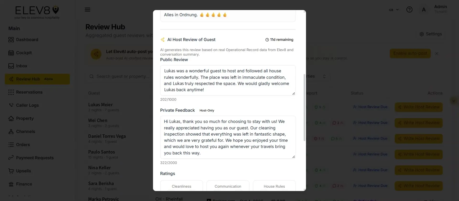 ELEV8 Review Hub page showing guest reviews and AI-generated feedback for Lukas Meier.